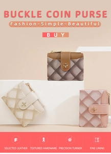 Short quilted buckle coin purses in three colors shown with textured metal hardware