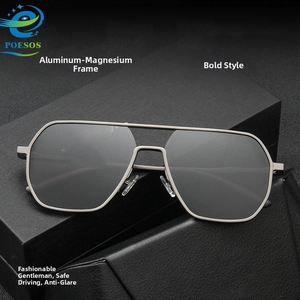 Detailed macro view of gray polarized lenses and aluminum magnesium frame sunglasses