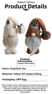 Detail of dog-themed gnome plush toys with bone patches and Woof embroidery
