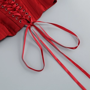 Détail d'un corset en satin rouge avec lacets réglables et œillets argentés gros plan