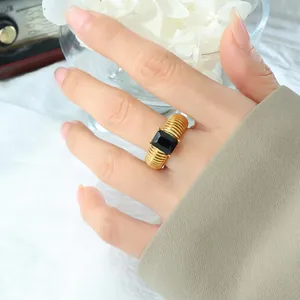 Close-up of titanium steel gold ring with large black rectangular stone on finger