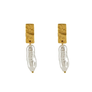 Detail of matte gold rectangular studs and natural baroque pearl drop earrings