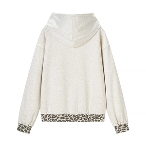 Light gray hoodie featuring trendy leopard print patchwork on long sleeves and hem