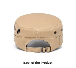 Detail of adjustable metal buckle and khaki canvas fabric on military flat top cap
