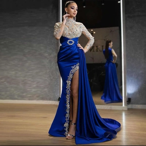 Elegant royal blue evening dress with shimmering embroidery and high slit for women