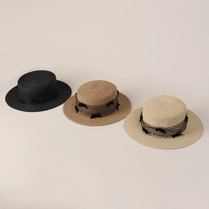 Flat top straw boater hats with elegant black mesh veil and small ribbon bows