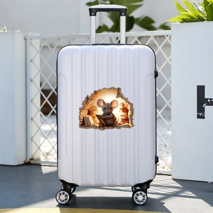 3D mouse reading hole sticker on a white suitcase with a telescopic handle and wheels