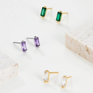 Detailed macro view of S925 silver rectangle gemstone stud earrings in various colors