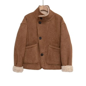 Women Short Jacket Amber Contrast Suede Faux Lamb Wool Stand Collar Buttoned Warm Elegant Outerwear Coat