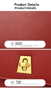 Close-up of wine red lychee textured leather and gold cross rotary lock on a handbag