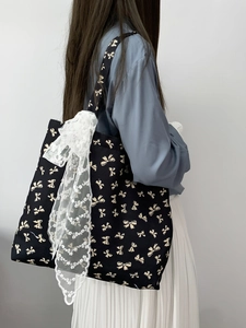 Women Large Capacity Tote Bag Corduroy Canvas Polka Dot Floral Shoulder Handbag With Lace Ribbon Bow Sweet Style Girls