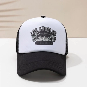 Detailed close-up of Los Angeles beach theme print on breathable mesh trucker hat