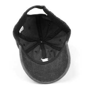 Inside view of charcoal cotton baseball cap with six-panel structure and metal buckle