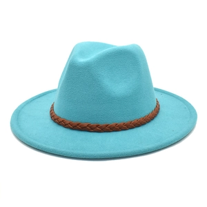 Detail of turquoise wool fedora hat featuring a brown braided leather decorative band