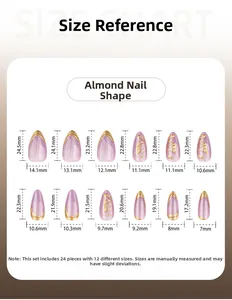 Size chart showing 12 almond shape press-on nail dimensions in purple cat eye style