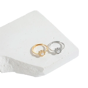 Luxurious flower open rings with pearls and crystals in gold and silver finish