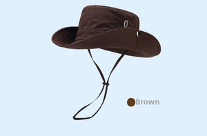 Detail of coffee quick-dry outdoor hat with adjustable drawstring and metal side snaps