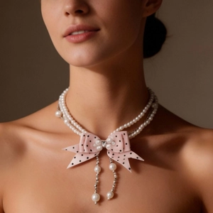 Multi Layer Imitation Artificial Pearl Necklace With Polka Dot Pink Ribbon Bow Rhinestone Pendant Aesthetic Elegant Jewelry Women