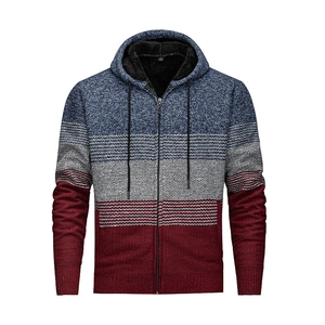 Cardigan da uomo con cappuccio a strisce tricolore e calda fodera in pile