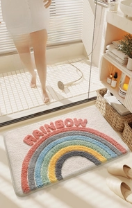 Detail of plush absorbent bath mat with a rainbow pattern and non-slip backing texture
