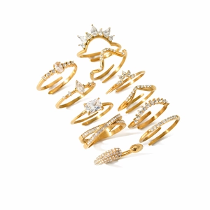 Lot de 10 bagues dorées en acier inoxydable avec pierres de zircon et designs variés