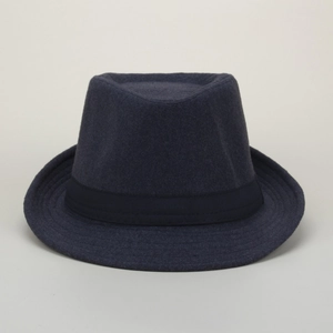 Detail of dark wool felt fedora featuring tonal ribbon and multi-stitch brim design