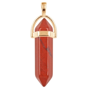 Detailed view of red hexagonal crystal stone pendant with golden metal bail connector