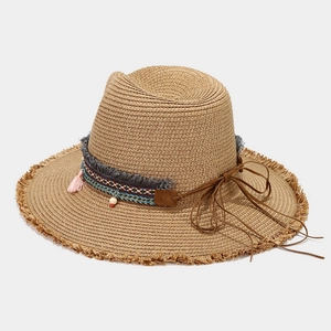 Bohemian woven straw Panama sun hat with colorful tribal band and tassel details