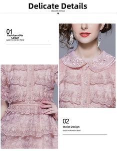 Detailed view of pink floral lace ruffles and beadwork on the neck of an A-line dress