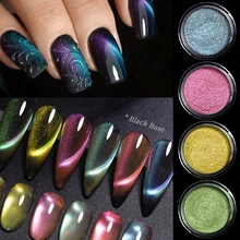 Detail of pearlescent nail powder effects on black base with various iridescent shades