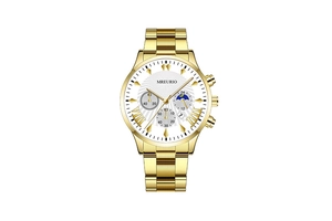 Detail of gold quartz chronograph watch with white dial and metal strap for men