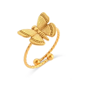 18K gold plated butterfly ring with adjustable braided band and bead accents on white background