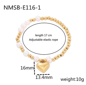 Beaded bracelet detail with gold beads, white pearls, heart pendant, and dimensions