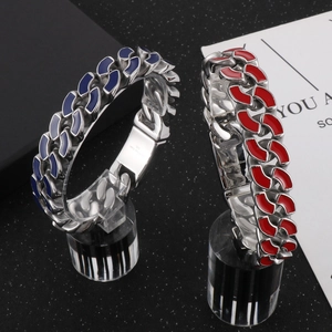 Herren Panzerarmband 316L Edelstahl Mit Rot Blauem Emaille Hip Hop Rock Biker Mode Schmuck