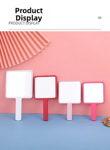 Square hand mirrors in white, red and pink shades with long handles for makeup and beauty