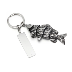 Articulated koi fish keychain in 316L stainless steel with a square engravable metal tag