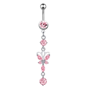 Detailed view of silver butterfly belly ring with sparkling pink zircon crystals on white background