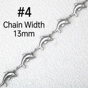 Macro view of 13mm stainless steel dolphin shaped chain link with polished silver finish