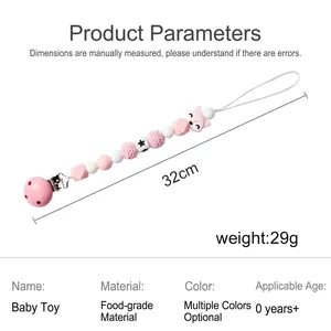 Pink fox pacifier clip with crochet beads, food grade silicone baby teether chain, 32cm