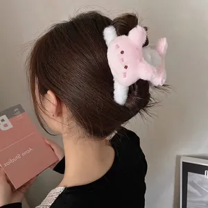 Cute pink and white plush animal hair claw clip for girls sweet fluffy hair accessory