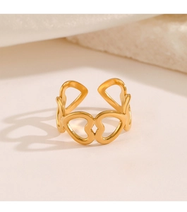 Detailed view of hollow heart cut-out ring in gold plated stainless steel