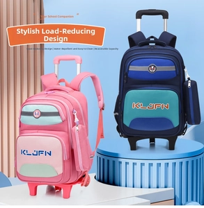 Detail of pink and blue rolling school bags with ergonomic design and matching pencil cases