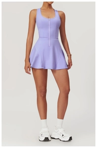Detail of lavender athletic dress featuring front zipper closure and racerback design