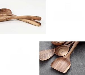 Detail of hand-polished thick handle and natural acacia wood grain on durable spatulas