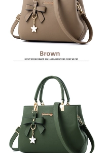 Detail view of brown and dark green bow leather handbags with star pendant charms