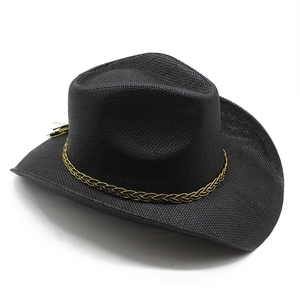 Classic black woven cowboy hat with decorative gold band and western brim detail
