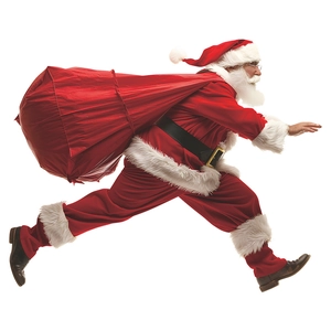 Costume de Père Noël en velours rouge avec grand sac à cadeaux sur fond blanc pur