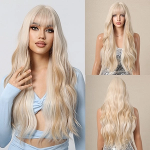 Long Wavy Wig With Bangs Synthetic Heat Resistant Fiber Natural Hair For Women Daily Party Cosplay Fashion