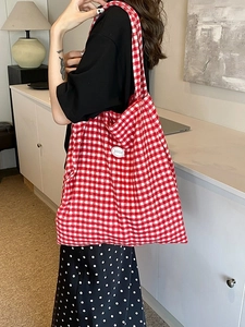 Fashionable red and white checkered large capacity tote bag with good logo print
