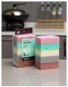 Close-up of 5-pack multi-color high-density kitchen sponges with multi-layer scrubbing textures